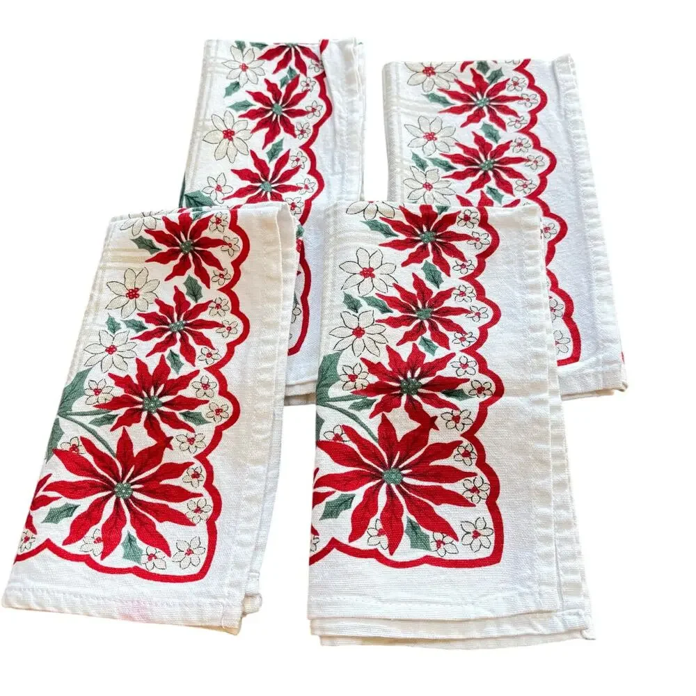 Christmas holiday cotton cloth napkins set of 4 red poinsettias white & green